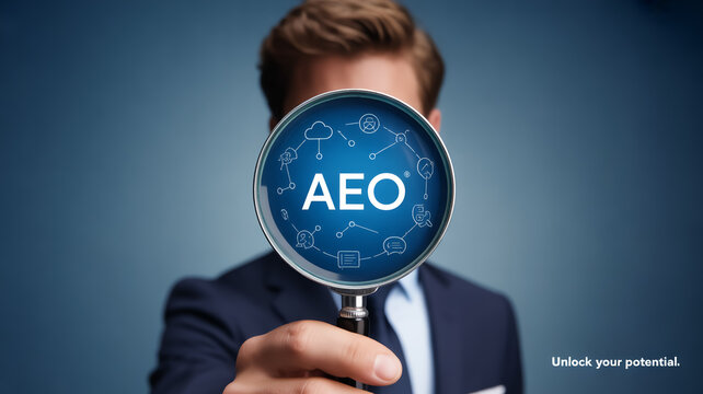 A professional marketing image featuring a magnifying glass centered in the frame, held by a person wearing a dark blue business suit.