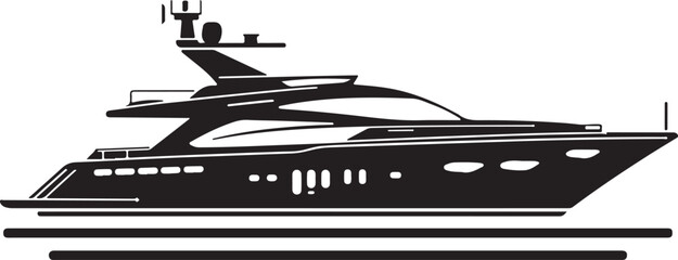 Luxury Yacht Black and White Illustration,
Modern Motorboat Vector on Water,
Elegant Yacht Silhouette Reflection Design