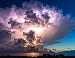 A dramatic storm with mammoth cumulonimbus clouds lit by vibrant lightning bolts, against a dark blue and purple night sky