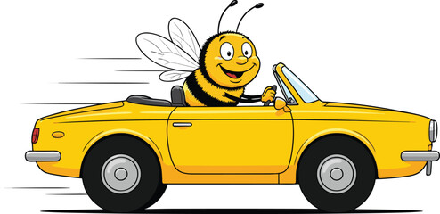 Happy bee driving yellow convertible car, cute cartoon insect character in fast vehicle, cheerful honeybee transportation illustration for kids