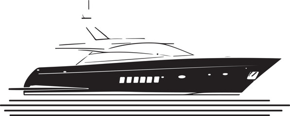 Luxury Yacht Black and White Illustration,
Modern Motorboat Vector on Water,
Elegant Yacht Silhouette Reflection Design