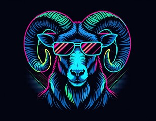 Electrifying Neon Ram Illustration with Stylish Retro Sunglasses, Capturing the Energetic Aesthetic of 80s Pop Culture, Music, and Vibrant Nightlife Scene