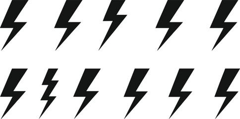 Lightning bolt icon set, vector thunder symbols, black line art, minimal electric design, stylized energy graphics, editable illustration pack