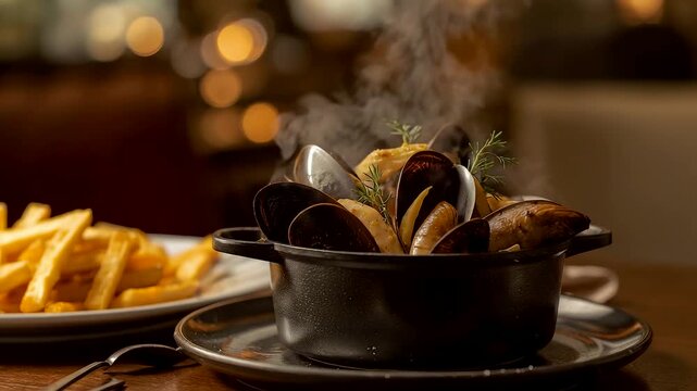 Hot steaming pot of mussels served in a rustic black dish with herbs and a side of crispy fries on a warm wooden restaurant table
