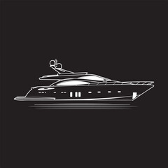 Luxury Yacht Black and White Illustration,
Modern Motorboat Vector on Water,
Elegant Yacht Silhouette Reflection Design