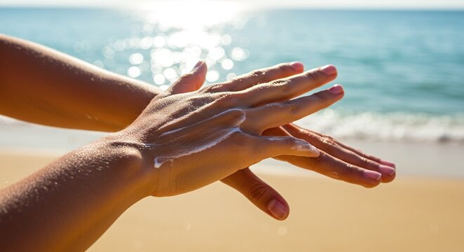 Hands applying sunscreen lotion to protect the skin from sun exposure on a sandy beach. Concept of summer safety.