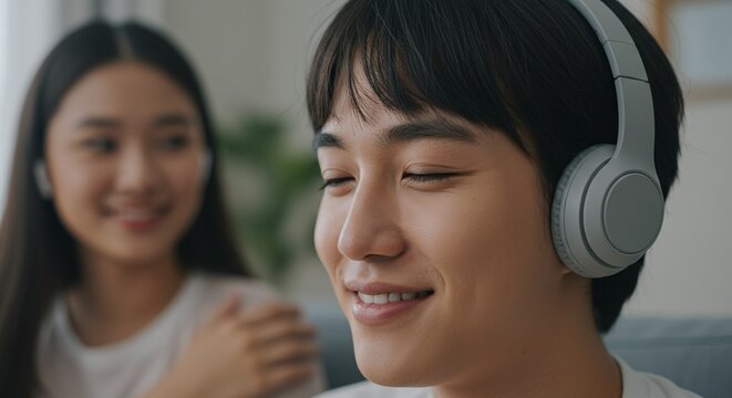 Person enjoying an audio experience with headphones while sharing the moment with another person. Concept of digital leisure.