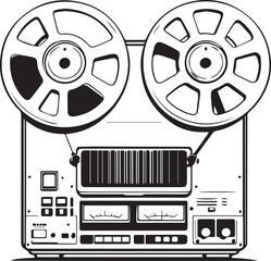 Reel-to-reel tape recorder silhouette — black and white illustration of vintage audio device with dual reels and control panel