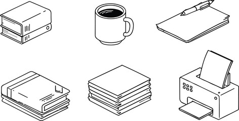 Workspace icons, binder, coffee mug, paper stack, books, sticky notes, printer, study tools, office items, vector illustration