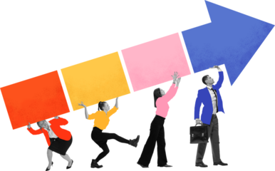 Creative digital artwork. Business team lifting arrow symbol of growth with colorful geometric elements on transparent background. Concept of teamwork, progress growth, and leadership visuals.