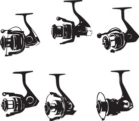 Spinning fishing reel silhouette set — black and white illustration of six sport reels with varied angles and mechanical detail