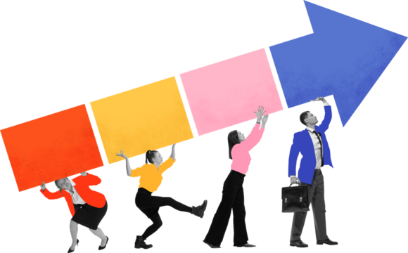 Creative digital artwork. Business team lifting arrow symbol of growth with colorful geometric elements on transparent background. Concept of teamwork, progress growth, and leadership visuals.