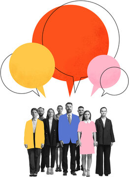 Graphic composition. Group of business people standing under colorful speech bubbles symbolizing communication on transparent background. Concept of teamwork, business dialogue, and collaboration.