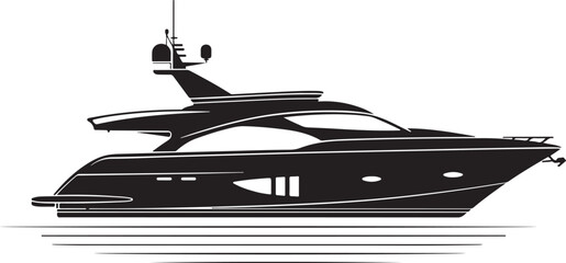 Luxury Yacht Black and White Illustration,
Modern Motorboat Vector on Water,
Elegant Yacht Silhouette Reflection Design