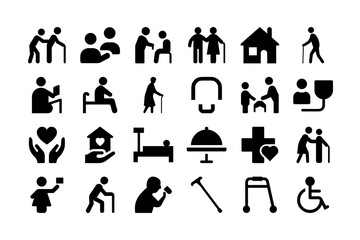 Elderly Care Silhouette Icon Set. Senior Care, Assistance, Health, Home Care, Caregiving, Medical Support, and More. Vector Illustration. Editable Stroke.