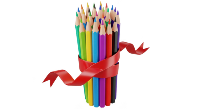 Colorful pencils tied with red ribbon on transparent background