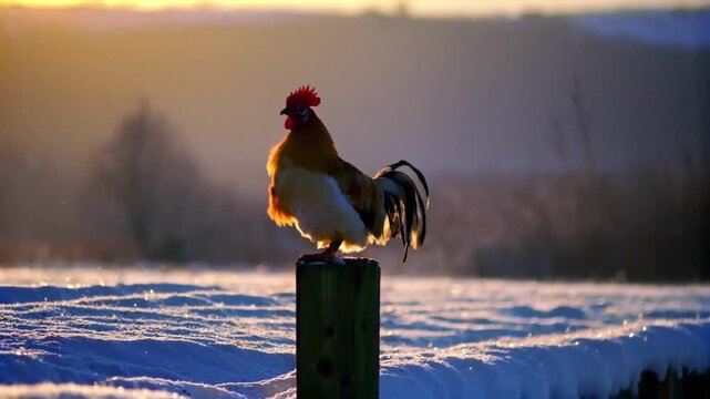 Rooster crowing in deep snow near wooden fence in early morning light concept of rural winter morning