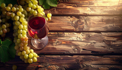 Rustic Wine and Grapes Still Life on Wooden Table.