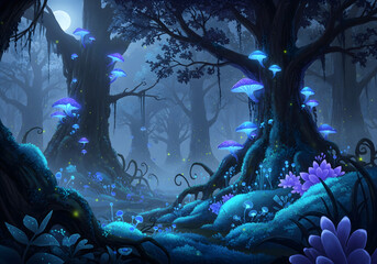Enchanted fantasy forest at night with glowing blue mushrooms and a full moon.