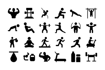Silhouette Gym and Fitness Icon Set. Strength Training, Exercise, Workout, Sports, and More. Vector Illustration. Editable Stroke.