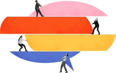 Bright pop art showing business team lifting colorful speech bubbles on transparent background. Concept of teamwork, leadership, collaboration, communication, and progress visuals.