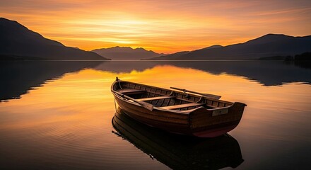 Serene Sunset Over Calm Water with a Lonely Boat
