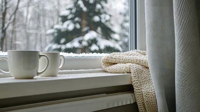Enjoy a peaceful winter morning showcasing warm drinks and a cozy atmosphere by the window, surrounded by snowy nature