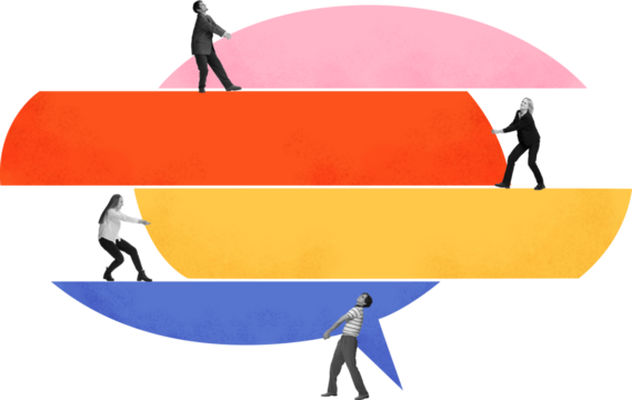 Bright pop art showing business team lifting colorful speech bubbles on transparent background. Concept of teamwork, leadership, collaboration, communication, and progress visuals.