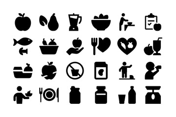 Silhouette Nutrition and Diet Icon Set. Healthy Food, Fruits, Vegetables, Juices, and More. Vector Illustration. Editable Stroke.