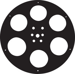 Film reel or gear plate silhouette — black and white illustration of circular object with symmetrical holes and mechanical design