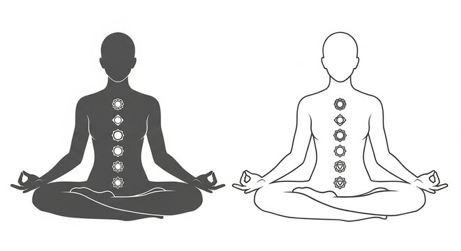 Meditation silhouette and outline with seven chakras. yoga.