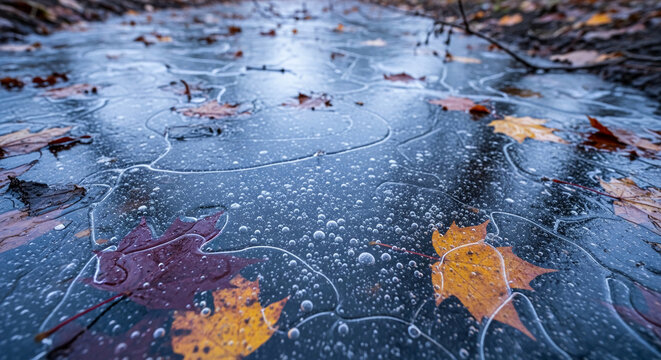 Frozen puddle with autumn leaves captured under thin ice layer, filled with air bubbles, symbolizing transition, stillness, and fragile beauty