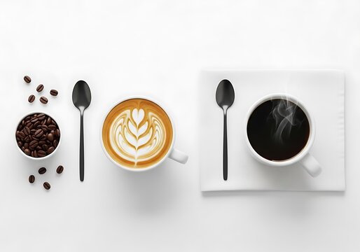 Overhead view of a delicious latte with art and a cup of black coffee with steam
