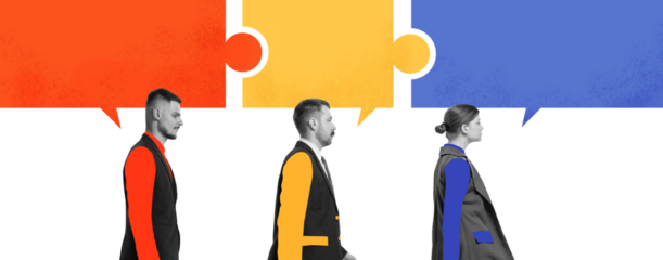 Bright pop art showing business professionals with puzzle speech bubbles on transparent background. Concept of teamwork, communication, collaboration, and business connection visuals.