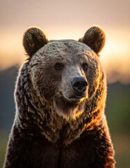 Fototapeta premium A close-up portrait of a brown bear, bathed in warm golden light, with a soft, blurred background