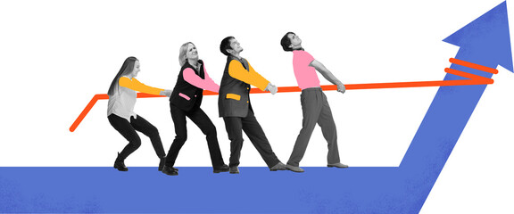 Trendy design with business team pulling upward arrow symbol on transparent background. Concept of...