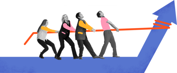 Trendy design with business team pulling upward arrow symbol on transparent background. Concept of teamwork, growth, leadership, progress, and collective corporate success visuals.