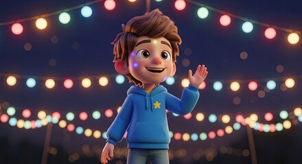 Joyful Kid Waves Under Twinkling Holiday Lights