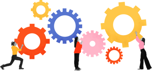 Colorful artwork showing business people moving bright gears on transparent background. Concept of teamwork, process optimization, workflow efficiency, and corporate system visuals.