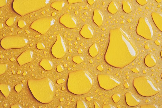 A refreshing drink is perfectly captured in a close-up view of water droplets on a yellow surface