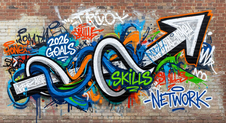 Vibrant street art on brick wall displaying 2026 Goals Skills Network and a growth arrow