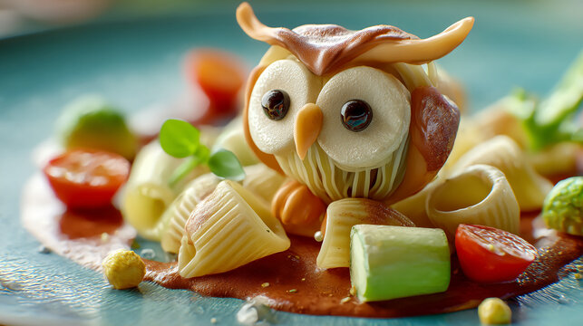 An artistic food presentation of an owl made of pasta with tomatoes and green vegetables on a plate