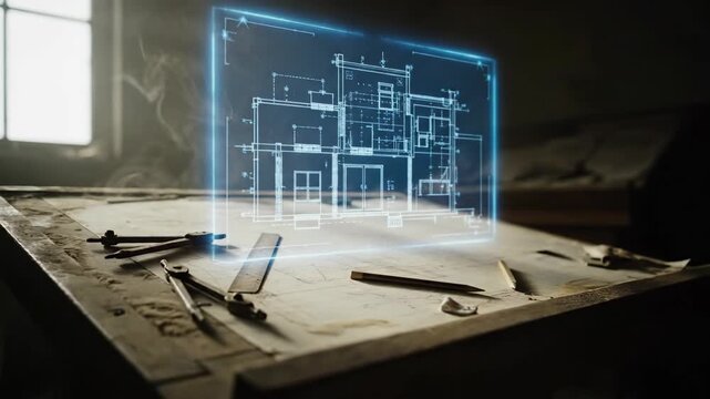 Vintage drafting table with tools and technical drawings, workspace