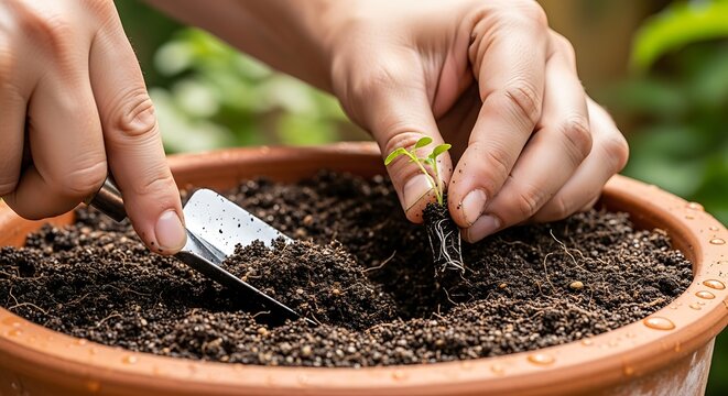 Gentle hands transplanting a seedling in flowerpot with fresh potting soil