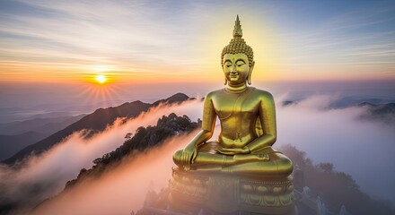 Fototapeta premium Golden Buddha Statue on Mountain Peak Sunrise Mist