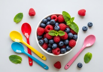 A vibrant bowl overflowing with fresh raspberries and blueberries, surrounded by colorful spoons and mint leaves on a clean white surface