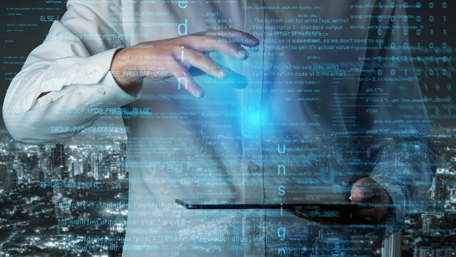 A businessman engages with an advanced digital interface, showcasing a fusion of technology and urban sophistication against a city backdrop. Xenic