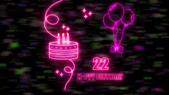22th age, anniversary Cake with burning candle in happy positive emotions Birthday Celebration Glowing flicker star neon space glittering Screen neon Balloon colorful, confetti congratulation.. 