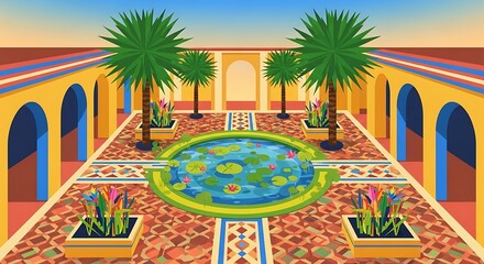 Illustrated exotic courtyard with pond, tropical plants, and serene arches