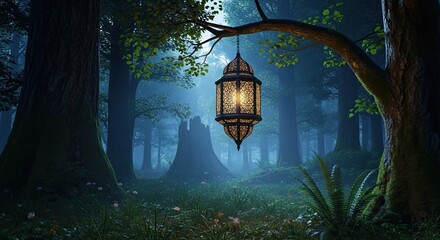 Mysterious Lantern Glows in Enchanted Forest Night